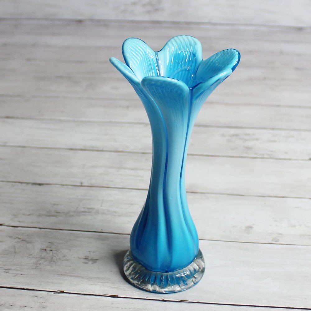 Vintage Blown Glass Flower Vase Blue Fluted Clear Base Hand Crafted